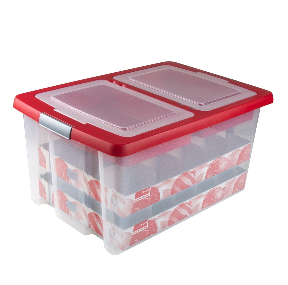 Storage box, 51L, XXL, GLITTER BOX 40 x 60,5 x H 29 cm, Clear/ Red
