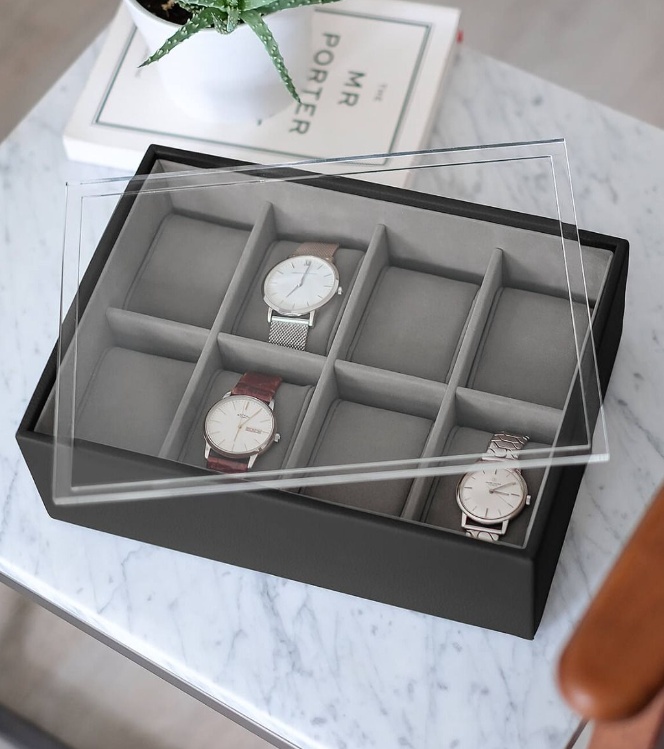 Watch Box with display lid, STACKERS WATCH BOX, 18 x 26 x H 9,5 cm, Black