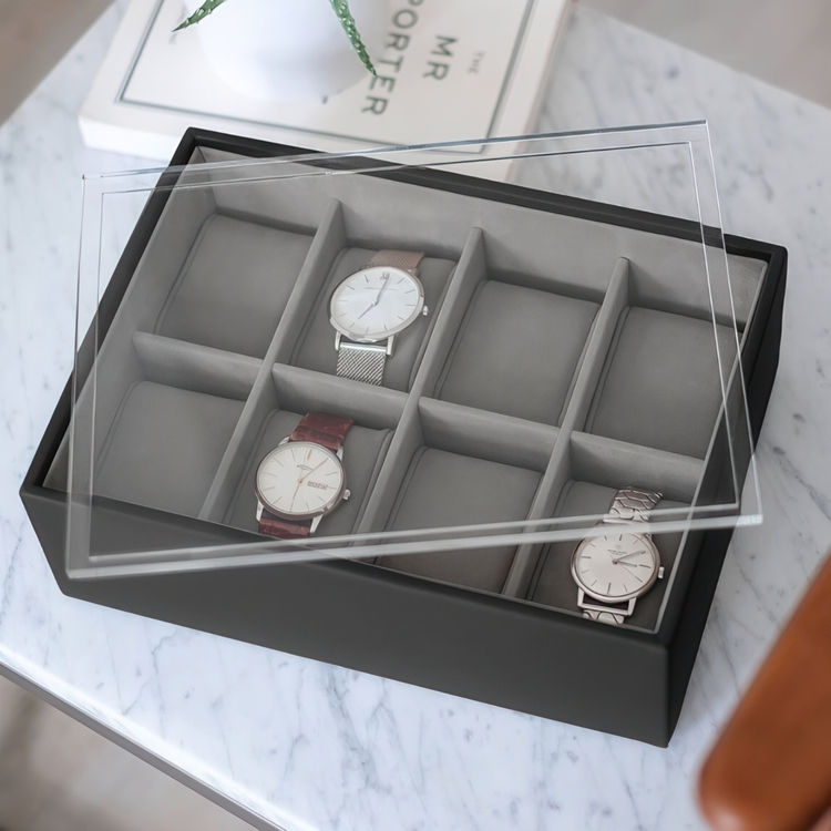 Watch Box with display lid, STACKERS WATCH BOX, 18 x 26 x H 9,5 cm, Black