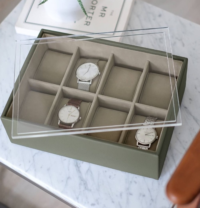 Watch Box with display lid, STACKERS WATCH BOX, 18 x 26 x H 9,5 cm, Olive Green