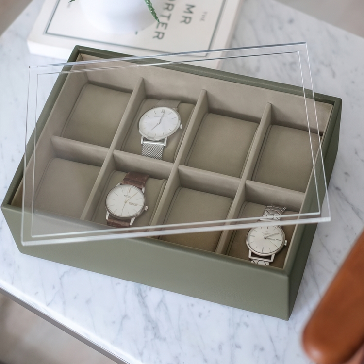 Watch Box with display lid, STACKERS WATCH BOX, 18 x 26 x H 9,5 cm, Olive Green