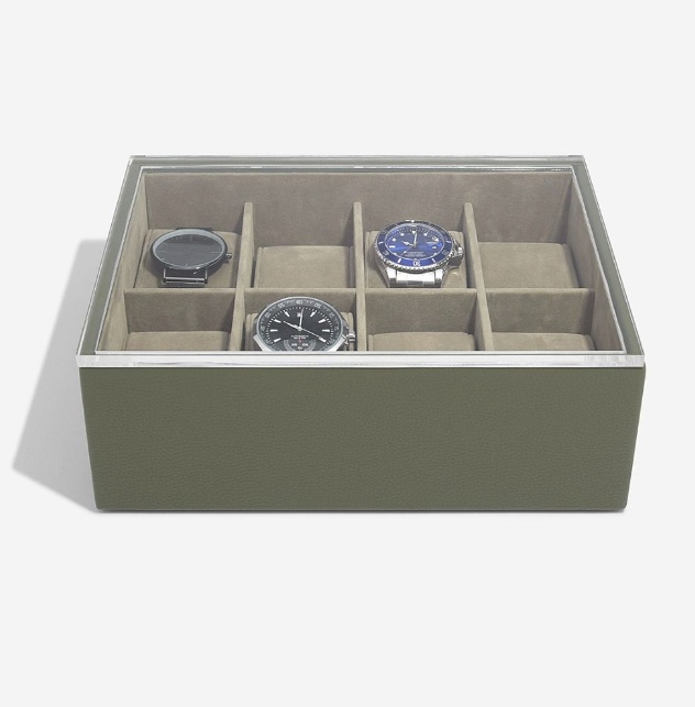 Watch Box with display lid, STACKERS WATCH BOX, 18 x 26 x H 9,5 cm, Olive Green