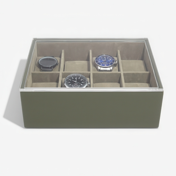 Watch Box with display lid, STACKERS WATCH BOX, 18 x 26 x H 9,5 cm, Olive Green
