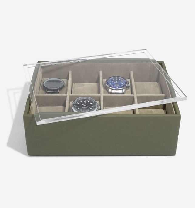Watch Box with display lid, STACKERS WATCH BOX, 18 x 26 x H 9,5 cm, Olive Green