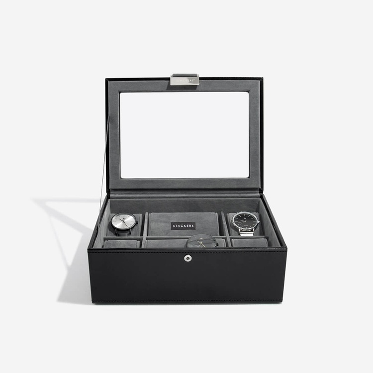 Watch Box with glas lid, STACKERS WATCH BOX MEDIUM, 19,5 x 26 x H 9,5 cm, Black