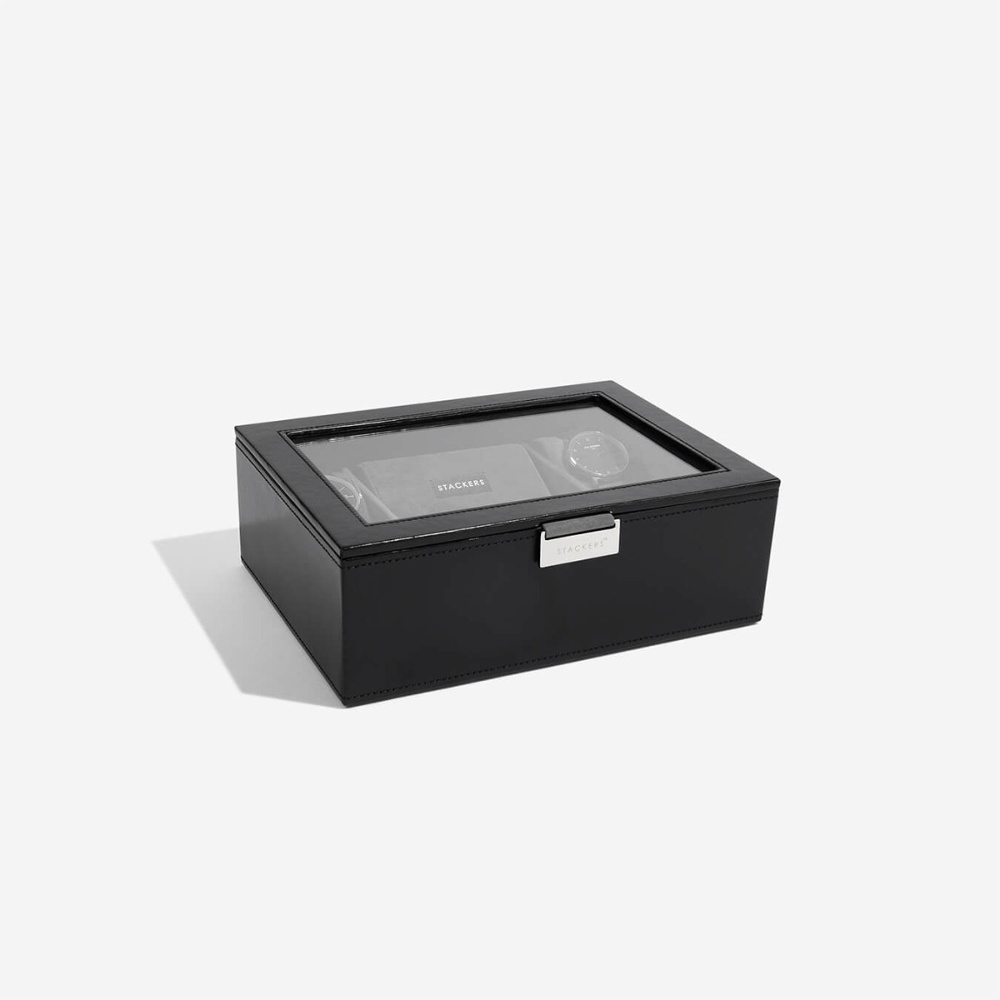 Watch Box with glas lid, STACKERS WATCH BOX MEDIUM, 19,5 x 26 x H 9,5 cm, Black