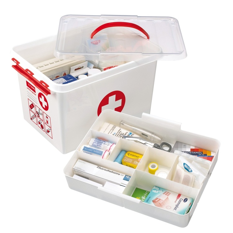 Box for Medicin, With handle, 22L, FIRST AID XL, 40 x 30 x H 26 cm, White / red
