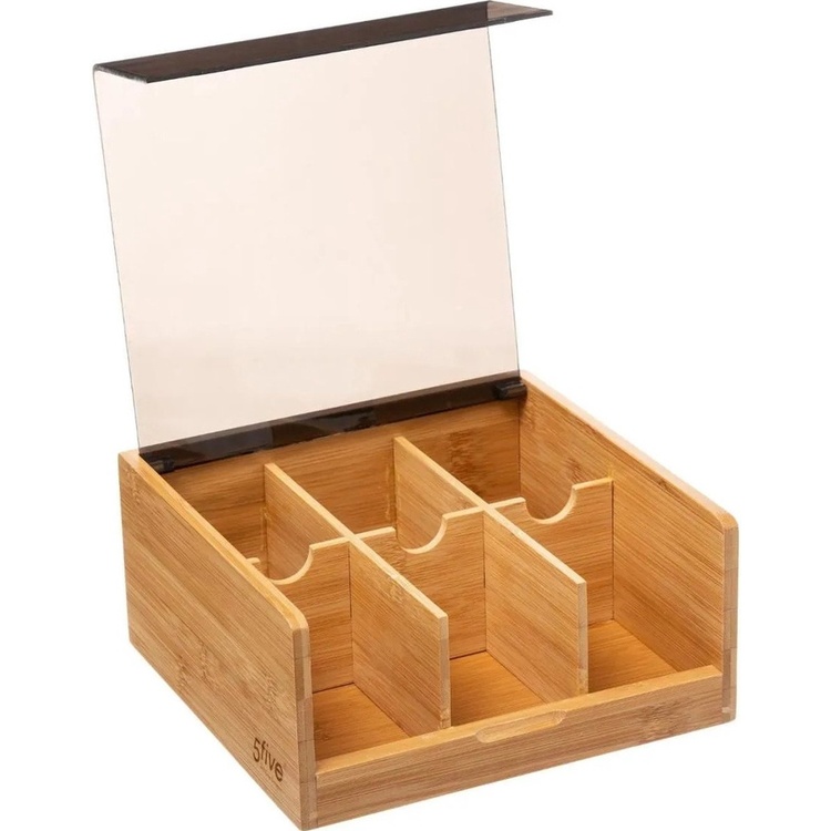 Storage Box for Tea Bags, SQUARE BAMBOO TEA BOX, 22 x 21 x H 10 cm, Nature / Black