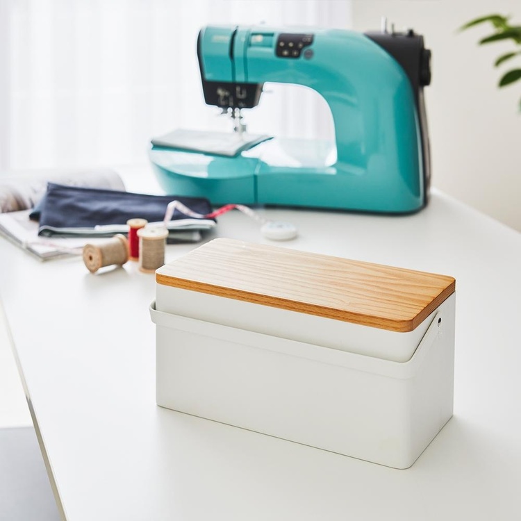 Basket in metal, TOWER SEWING BOX, 27 x 14 x H 13,5 cm, White / Wood