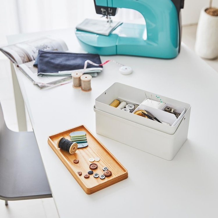 Basket in metal, TOWER SEWING BOX, 27 x 14 x H 13,5 cm, White / Wood