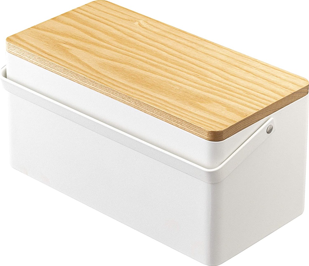 Basket in metal, TOWER SEWING BOX, 27 x 14 x H 13,5 cm, White / Wood