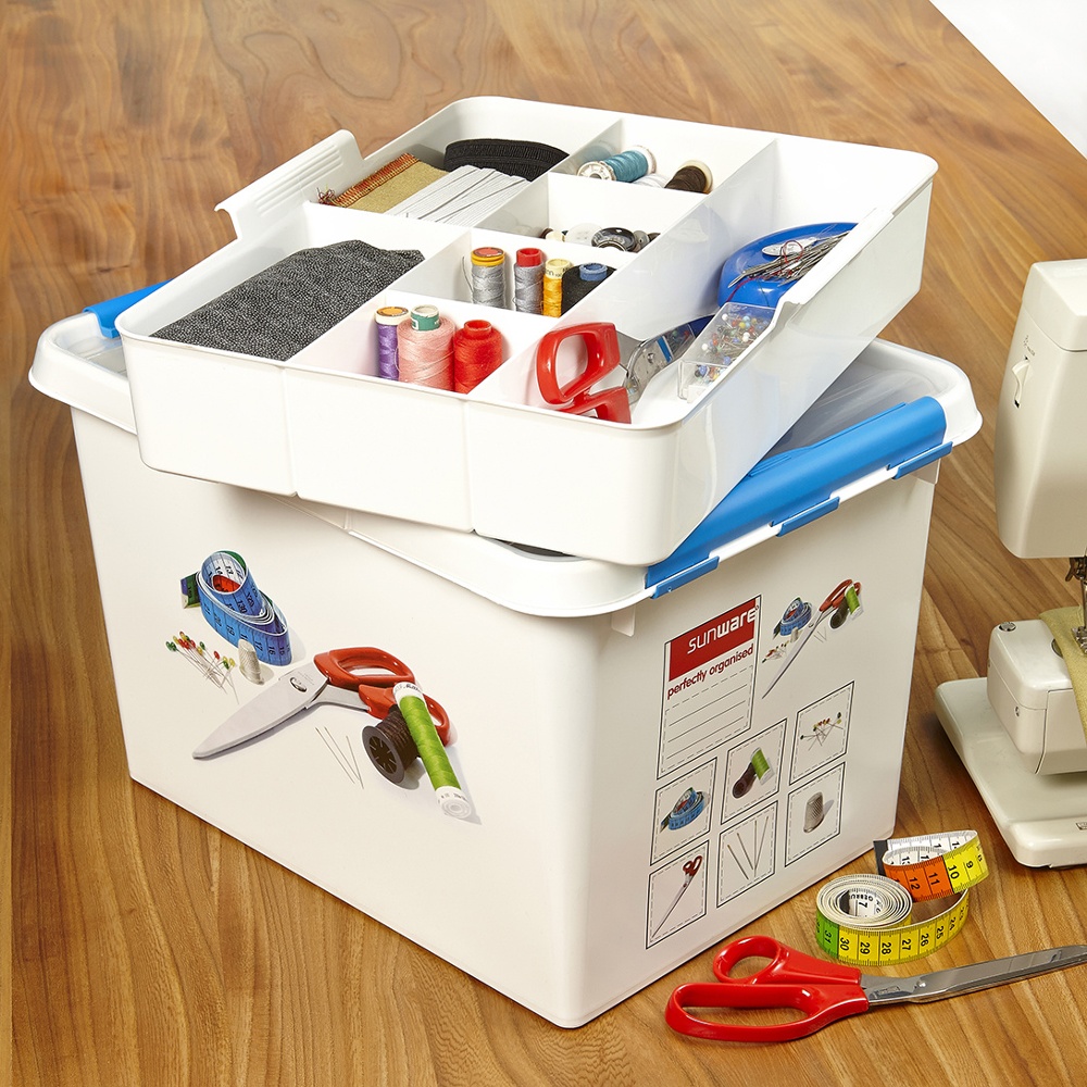Sewing Box with handle, CRAFT BOX LARGE, 40 x 30 x H 26 cm, White / Blue