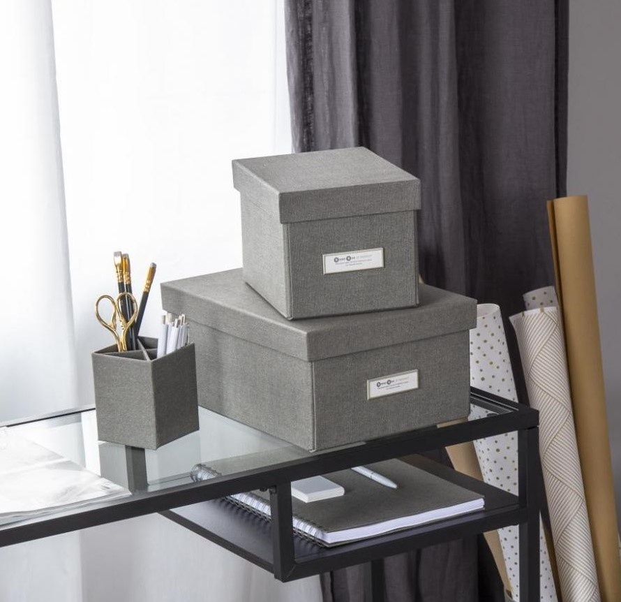 Box with label frame, BIGSO KITTY CANVAS, 22,5 x 16 x H 14 cm Grey