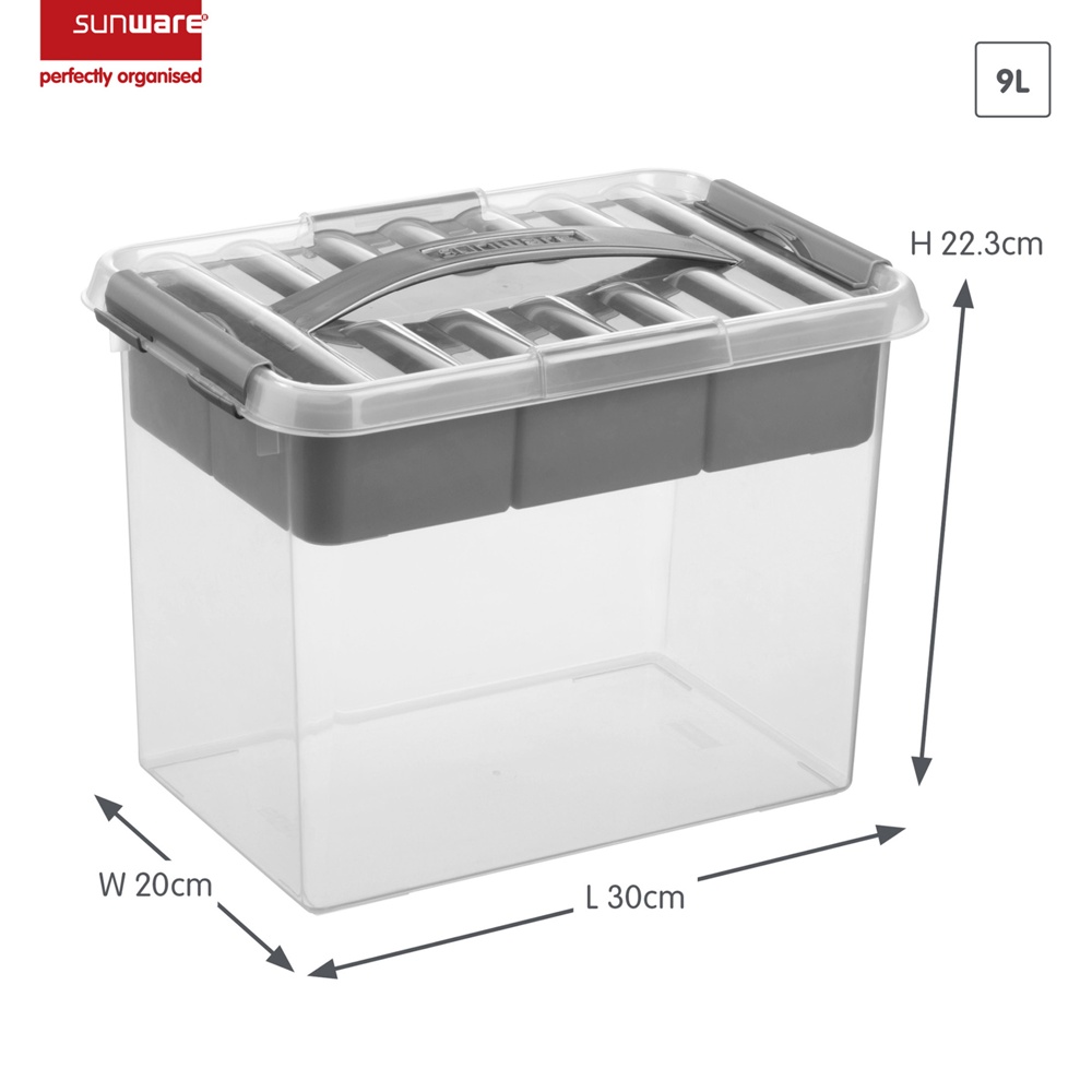 Box with insert and handle, 9L, Q-LINE MULTIBOX, 30,7 x 20 x H 22,3 cm, Clear / Silver Grey