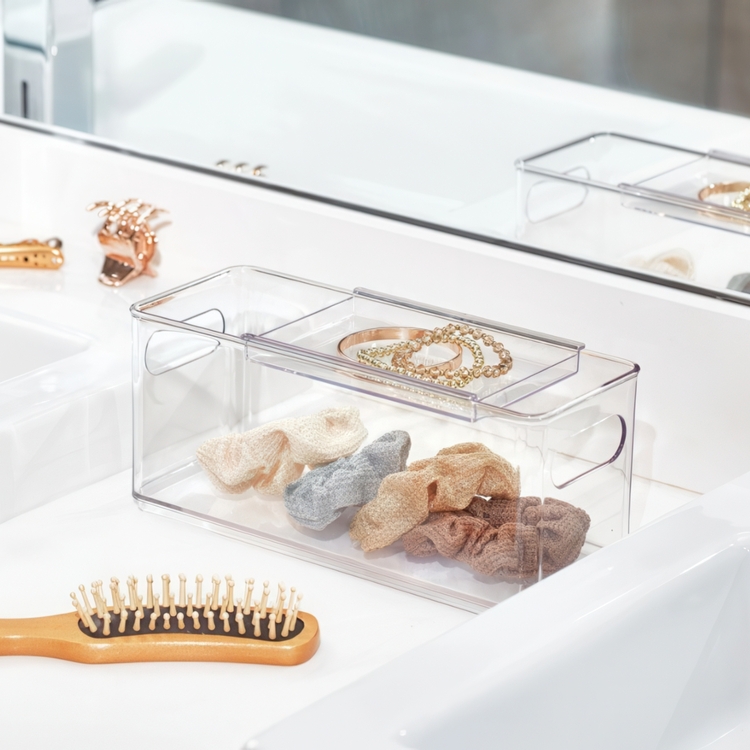 Container with sliding lid, THE HOME EDIT HAIR ACCESSORY BIN, Transparent