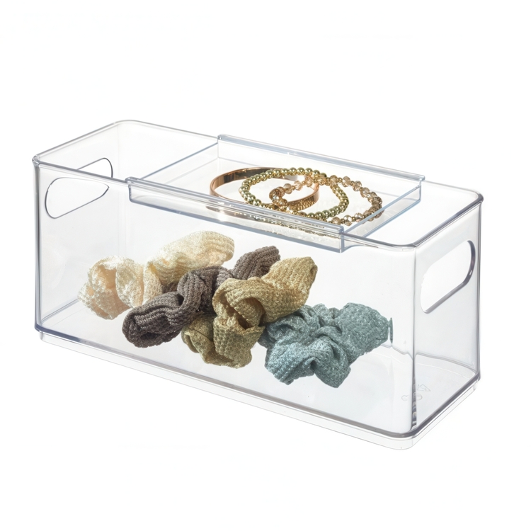 Container with sliding lid, THE HOME EDIT HAIR ACCESSORY BIN, Transparent