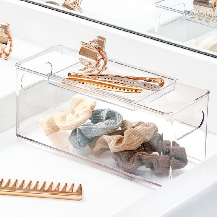 Container with sliding lid, THE HOME EDIT HAIR ACCESSORY BIN, Transparent