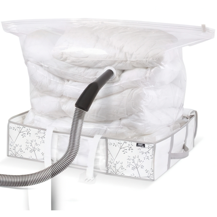 Box with vacuum bag, COMBO WHITE LEAF, 66 x 50 x H 15,5 cm, White