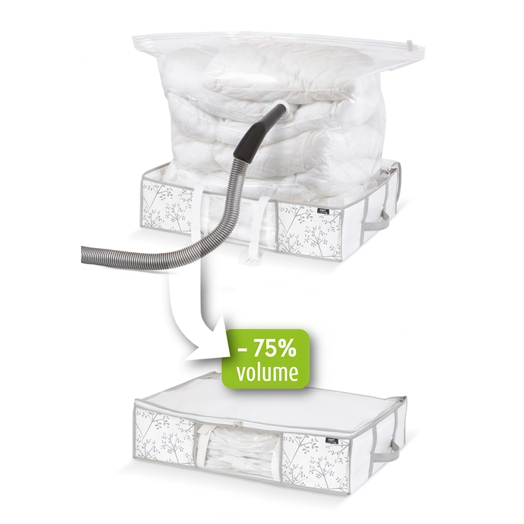 Box with vacuum bag, COMBO WHITE LEAF, 66 x 50 x H 15,5 cm, White