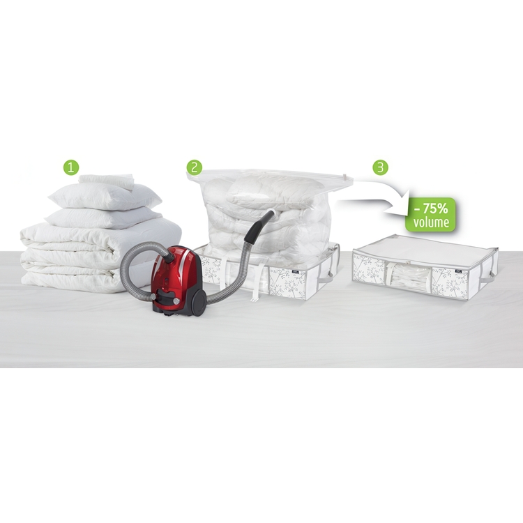 Box with vacuum bag, COMBO WHITE LEAF, 66 x 50 x H 15,5 cm, White
