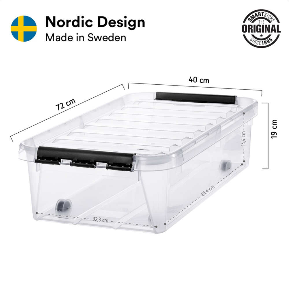 Box Under Bed with Wheels, SMARTSTORE 30L, CLASSIC, 72 x 40 x H19 cm, Transparent / Black