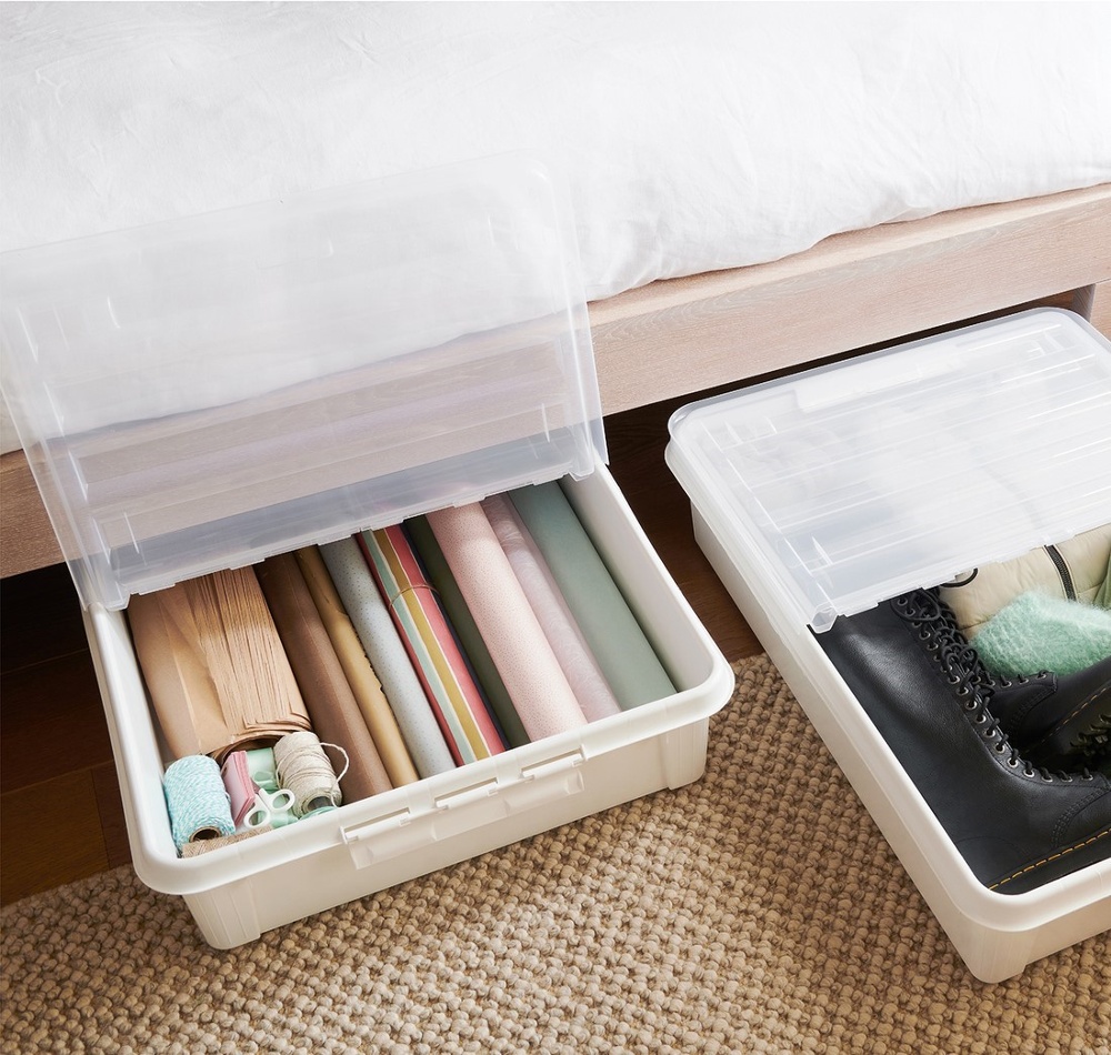 Box Under Bed with Wheels, SMARTSTORE BEDROLLER, 79 x 59 x H 18.5 cm, Vit / Transparent