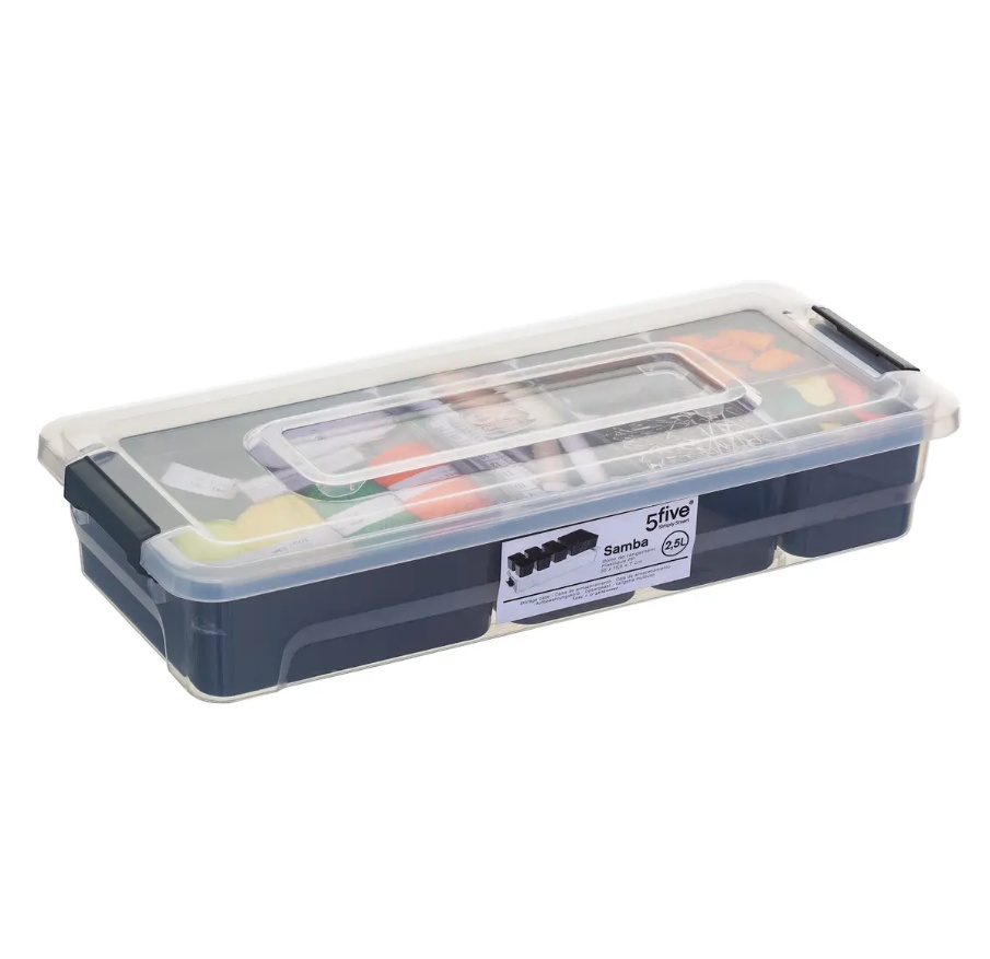Sorting box, Oblong, with 6 inserts, EZY SORT IT, 35 x 15.5 x H 7 cm, Transparent / Grey