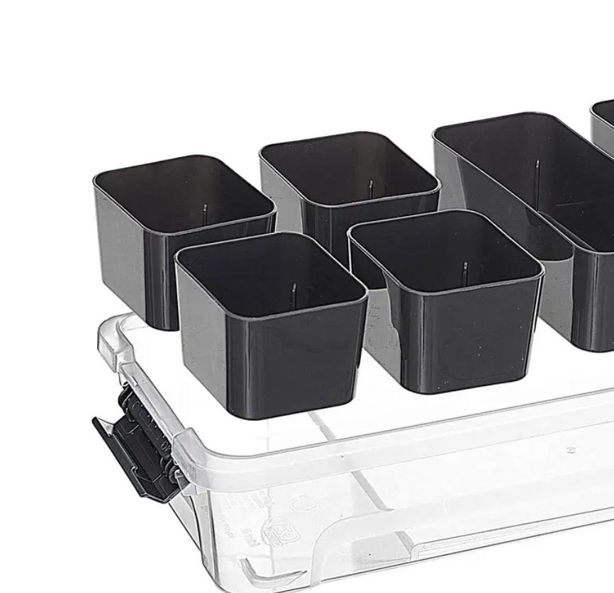 Sorting box, Oblong, with 6 inserts, EZY SORT IT, 35 x 15.5 x H 7 cm, Transparent / Grey