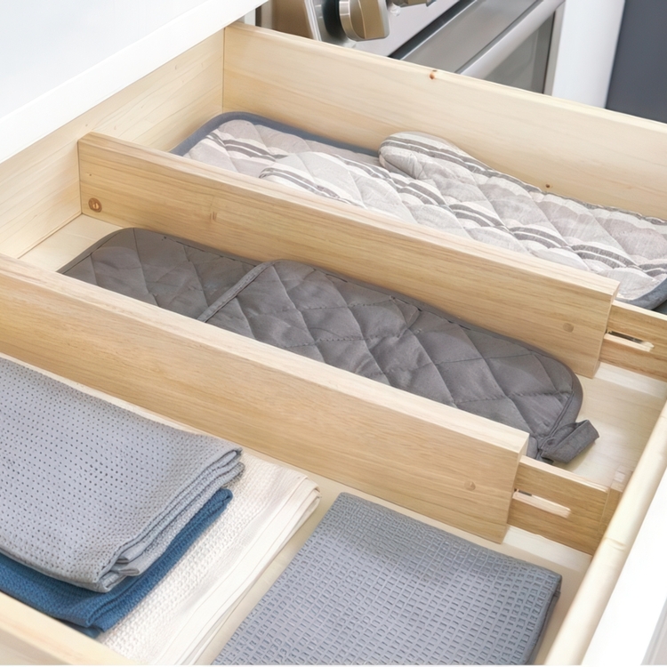 Adjustable drawer dividers, Set of 2, PAULOWNIA ECO WOOD DIVIDERS, 42 - 57 x H 6,4 cm, Natural