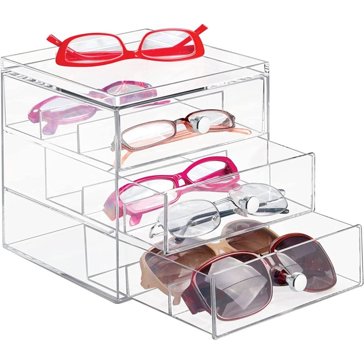 Three drawer box storage, ID CLARITY EYEGLASS ORGANISER, 16,5 x 16,5 x H 18 cm, Clear