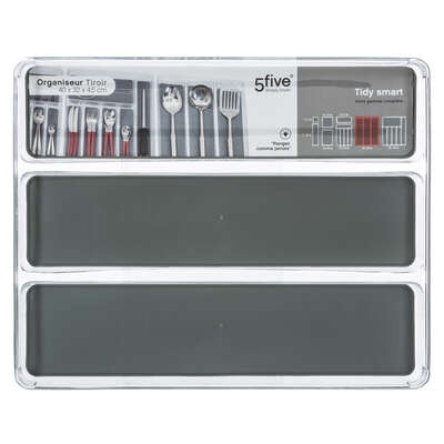 Storage Tray for utensils, 3 compartments, TIDY SMART ORGANIZER, 40 x 32 x H 4,5 cm, Clear / Dark Grey