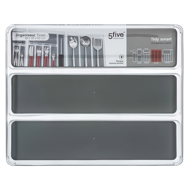 Storage Tray for utensils, 3 compartments, TIDY SMART ORGANIZER, 40 x 32 x H 4,5 cm, Clear / Dark Grey