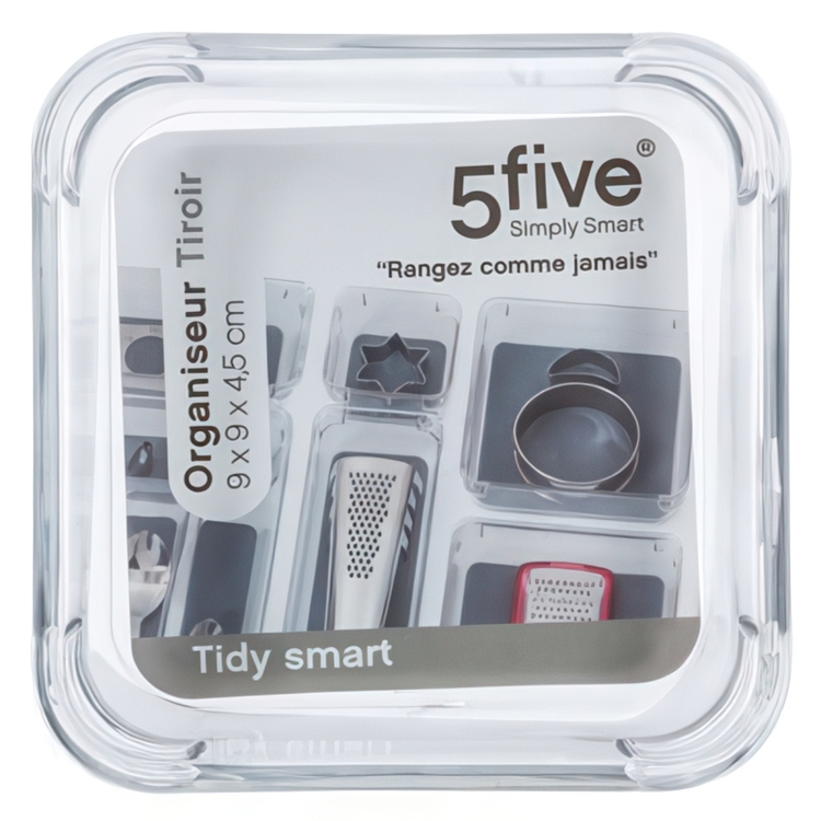 Storage tray, Small Square, TIDY SMART ORGANIZER, 9 x 9 x H 4,5 cm, Clear / Dark Grey