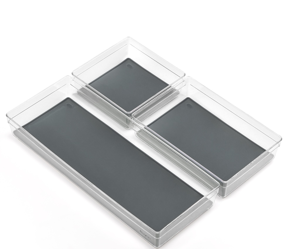 Oblong Storage trays, Set of 3, BANDEJAS LARGE, Clear / Grey