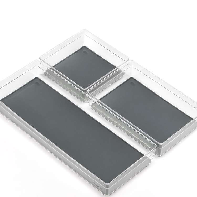 Oblong Storage trays, Set of 3, BANDEJAS LARGE, Clear / Grey
