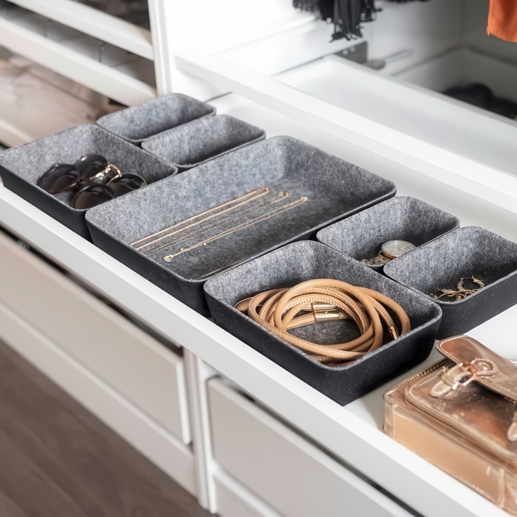 Drawer Organisers in recycled polyester, Set of 7, FELT MODULAR TRAYS, Grey