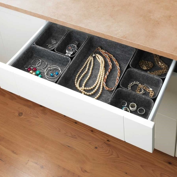 Drawer Organisers in recycled polyester, Set of 7, FELT MODULAR TRAYS, Grey