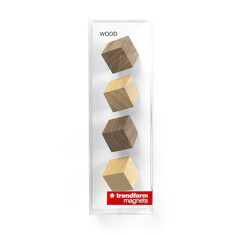 Magnets in wood, Set of 4, WOOD CUBE 1,8 x 1,8 x 1,8 cm, Walnut / Natur