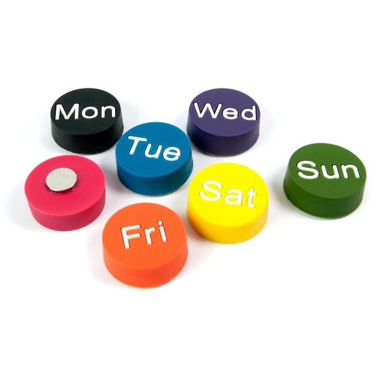 Magnets, Large , Set of 7, WEEKDAYS, Ø 2,5 cm, Assorted