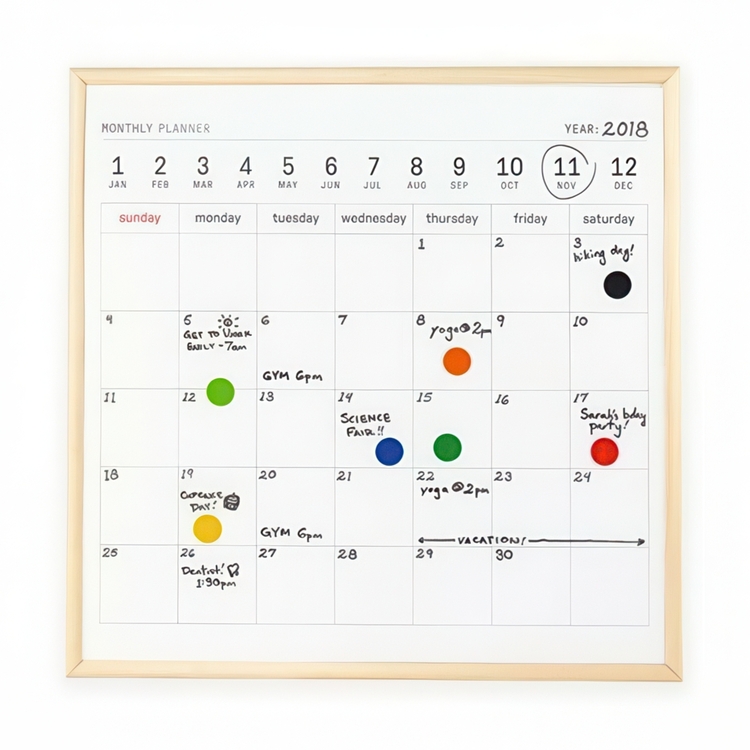 Magnetic whiteboard, MONTHLY PLANNER, 34 x H 34 cm, White