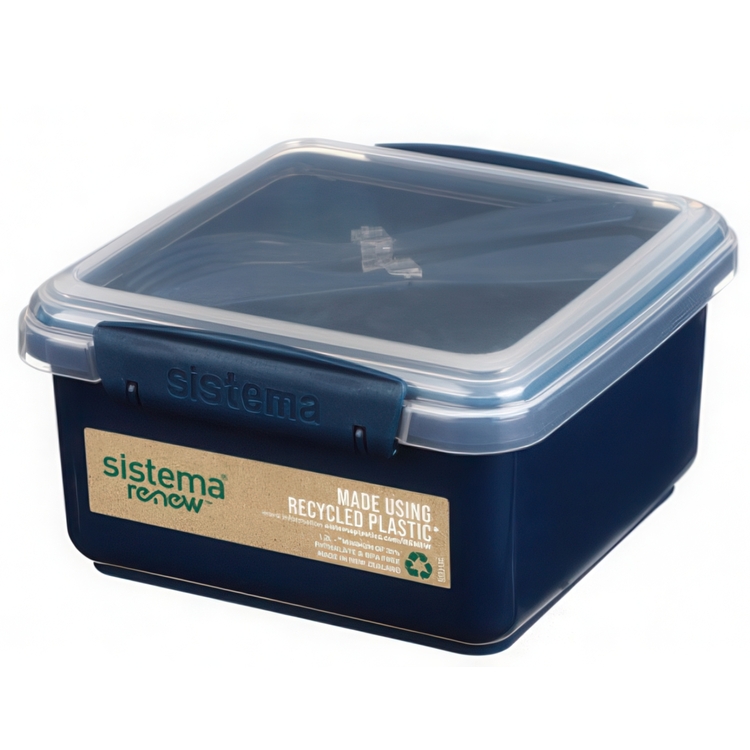 Lunch box with cutlery, 1,2 L, LUNCH PLUS RENEW, 15,5 x 15 x H 8 cm, Blue