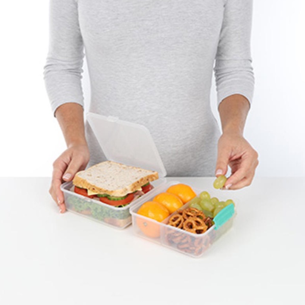Lunch box divided into compartments, 1,4 L, LUNCH CUBE TO GO, Transparent / Teal