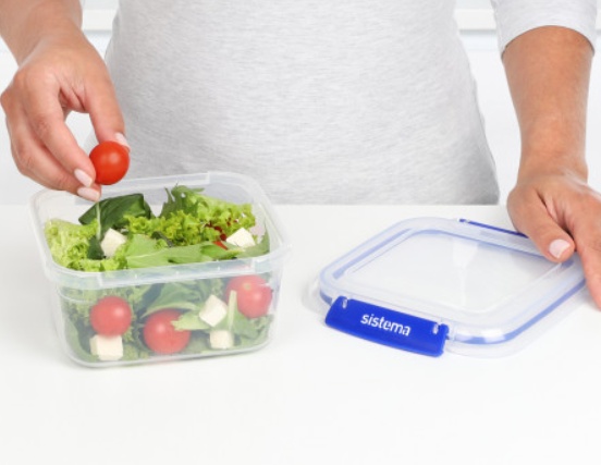 Lunch box, 1,15 L, KLIP IT PLUS SQUARE, 16 x 16 x H 8 cm, Transparent / Blue