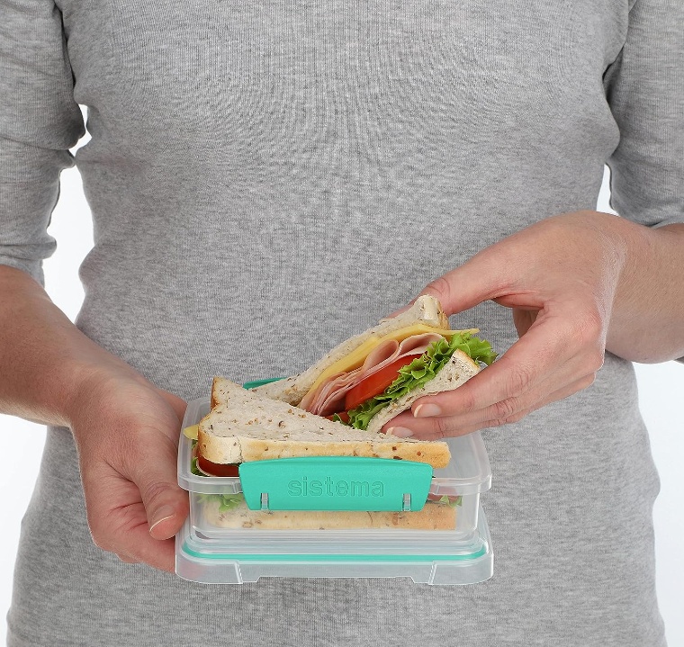 Lunch box, 450 ml, KLIP-IT SANDWICH, 15 x 15 x H 5 cm, Clear / Teal