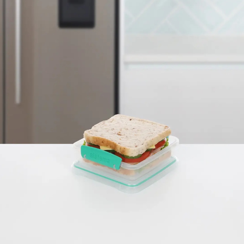 Lunch box, 450 ml, KLIP-IT SANDWICH, 15 x 15 x H 5 cm, Clear / Teal