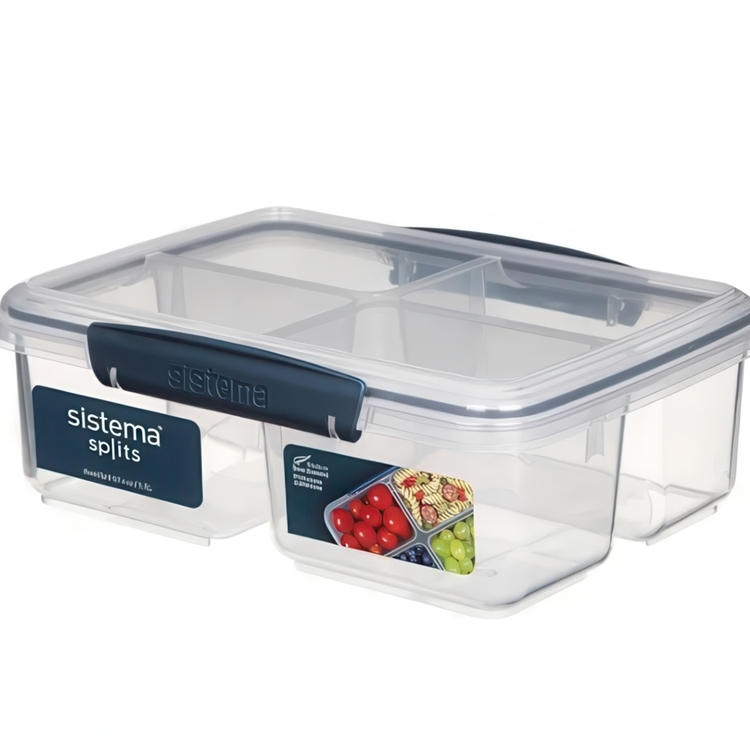Lunch box, Four parts, KLIP IT QUAD SPLIT, 1,74 L, Clear / Dark blue