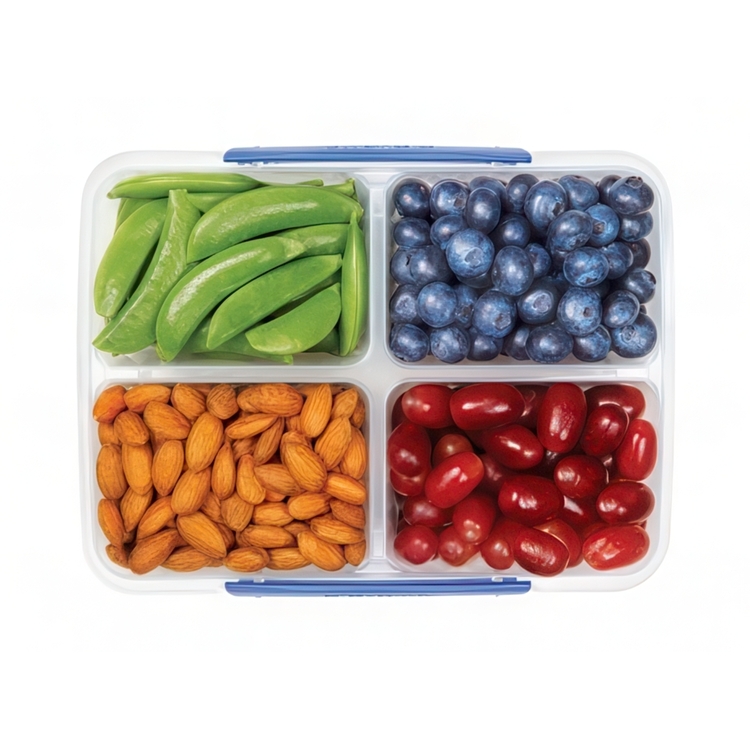 Lunch box, Four parts, KLIP IT QUAD SPLIT, 1,74 L, Clear / Dark blue