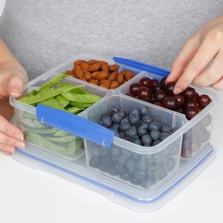 Lunch box, Four parts, KLIP IT QUAD SPLIT, 1,74 L, Clear / Dark blue
