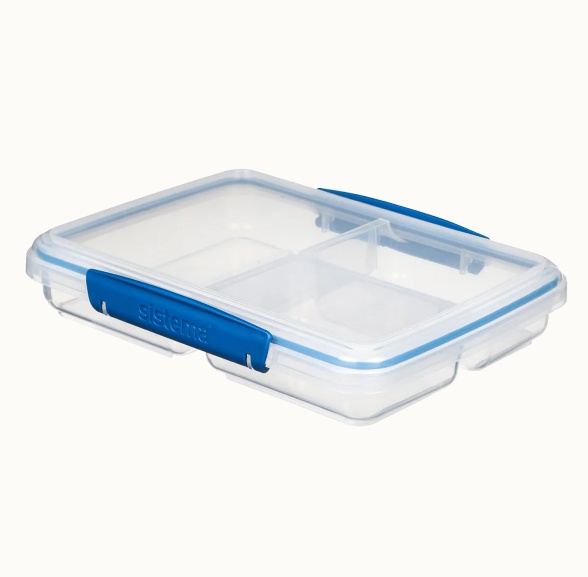Food Storage box, 3 Compartments, SISTEMA MULTI SPLIT TO GO, 23 x 17 x H 4,3 cm, Clear / Blue