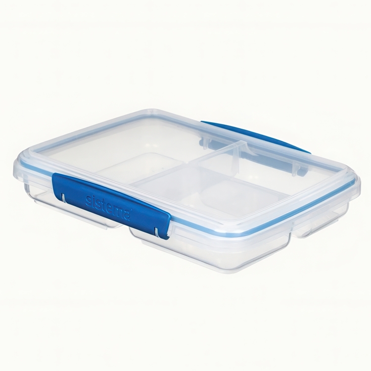 Food Storage box, 3 Compartments, SISTEMA MULTI SPLIT TO GO, 23 x 17 x H 4,3 cm, Clear / Blue